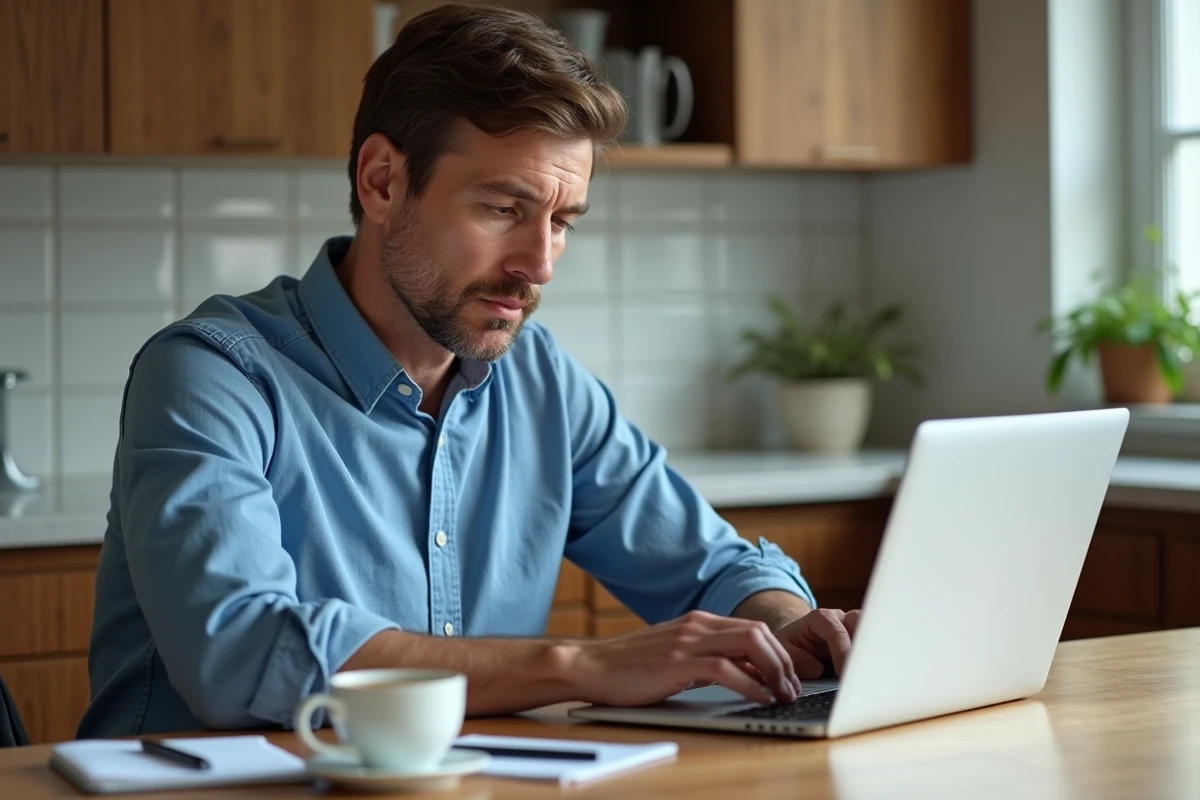 Homme d'âge moyen travaillant sur un ordinateur dans la cuisine