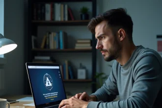 Homme inquiet regardant un site de casino en ligne suspect sur son ordinateur portable, risque de vol de données bancaires