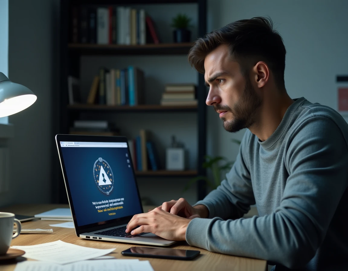 Homme inquiet regardant un site de casino en ligne suspect sur son ordinateur portable, risque de vol de données bancaires