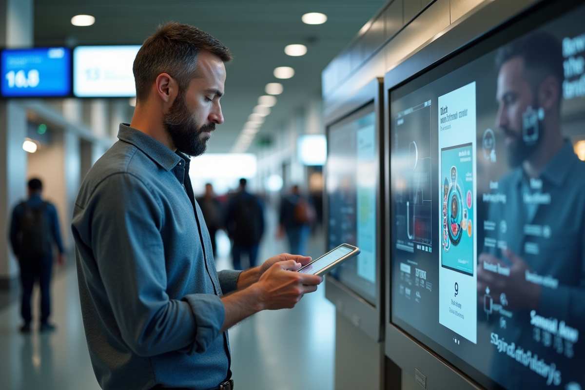 Homme utilisant une tablette dans un hub de transport public