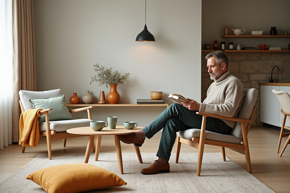 Homme lisant un livre dans un intérieur scandinave lumineux
