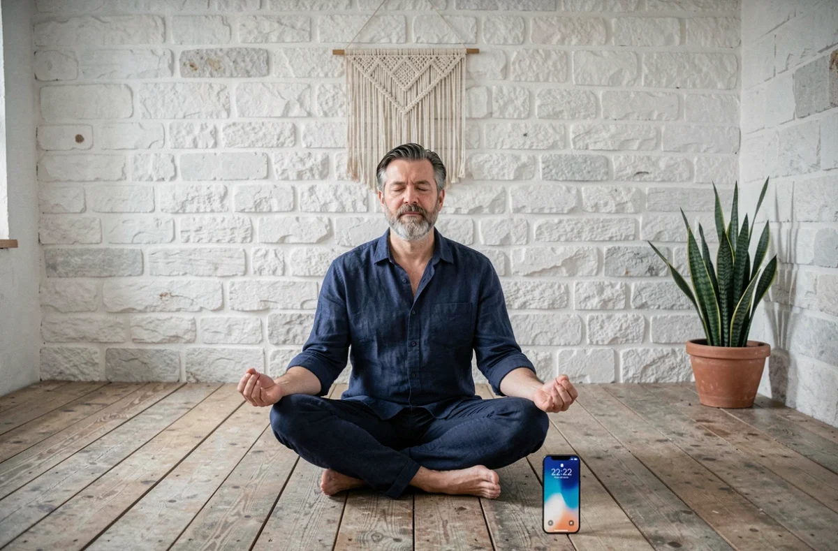 Homme en méditation avec un téléphone affichant 22h22, illustrant une pratique spirituelle liée aux heures miroirs et au karma