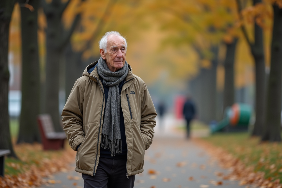 Homme âgé marchant dans un parc en automne