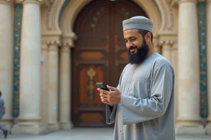 Homme maghrebin priant devant une mosquee parisienne