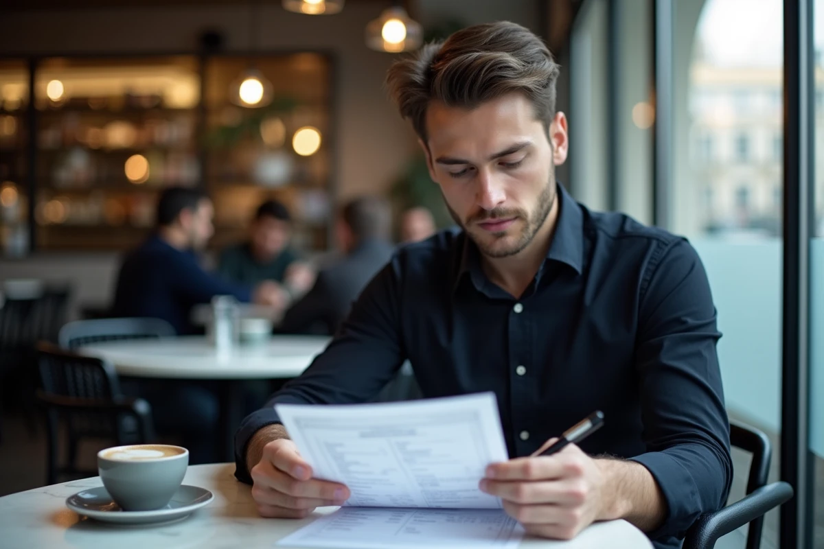 Homme remplissant un questionnaire imprimé dans un café parisien moderne pour un test sur leptithebdo
