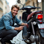 Jeune homme répare une moto Dax 125 dans la rue parisienne