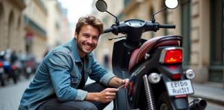 Les accessoires essentiels pour personnaliser votre Dax 125 Jeune homme répare une moto Dax 125 dans la rue parisienne