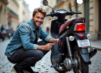 Jeune homme répare une moto Dax 125 dans la rue parisienne