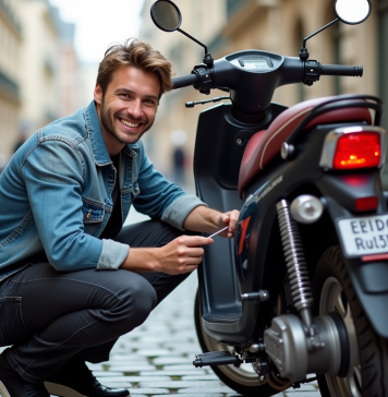 Les accessoires essentiels pour personnaliser votre Dax 125 Jeune homme répare une moto Dax 125 dans la rue parisienne