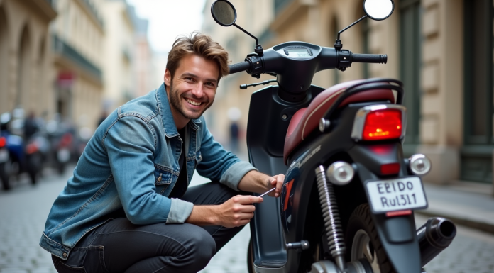 Jeune homme répare une moto Dax 125 dans la rue parisienne