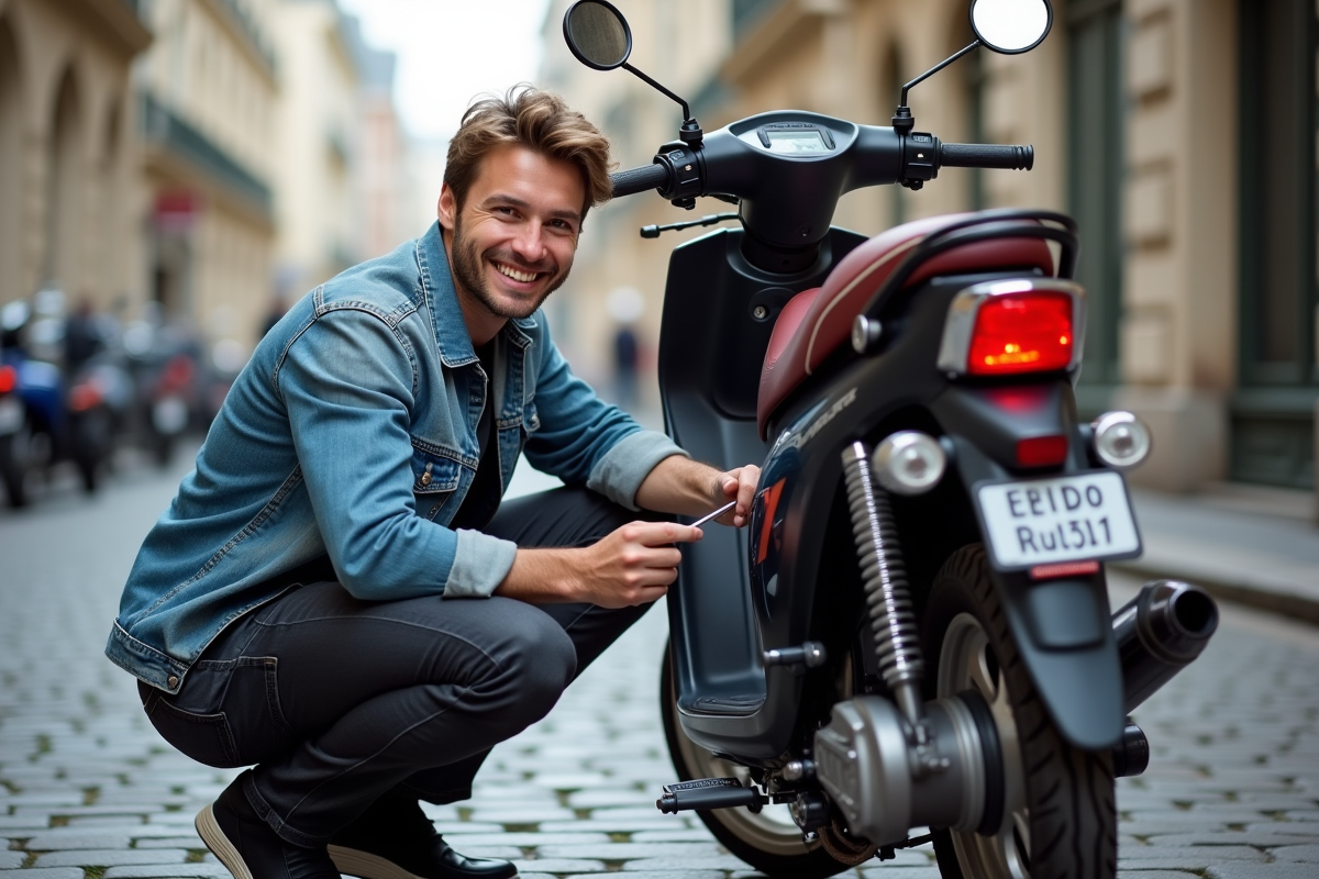 Jeune homme répare une moto Dax 125 dans la rue parisienne