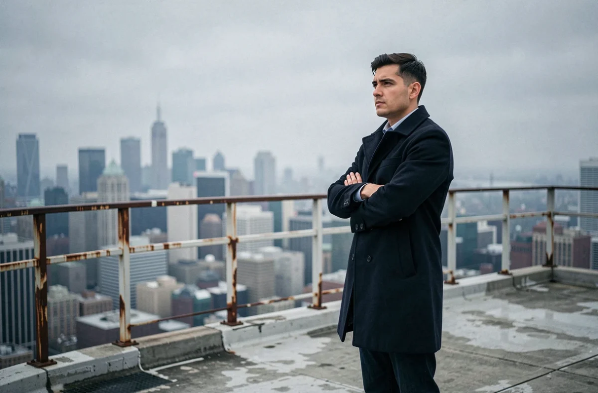 Homme debout sur un toit urbain regardant l'horizon, posture de résilience face à la trahison en amour