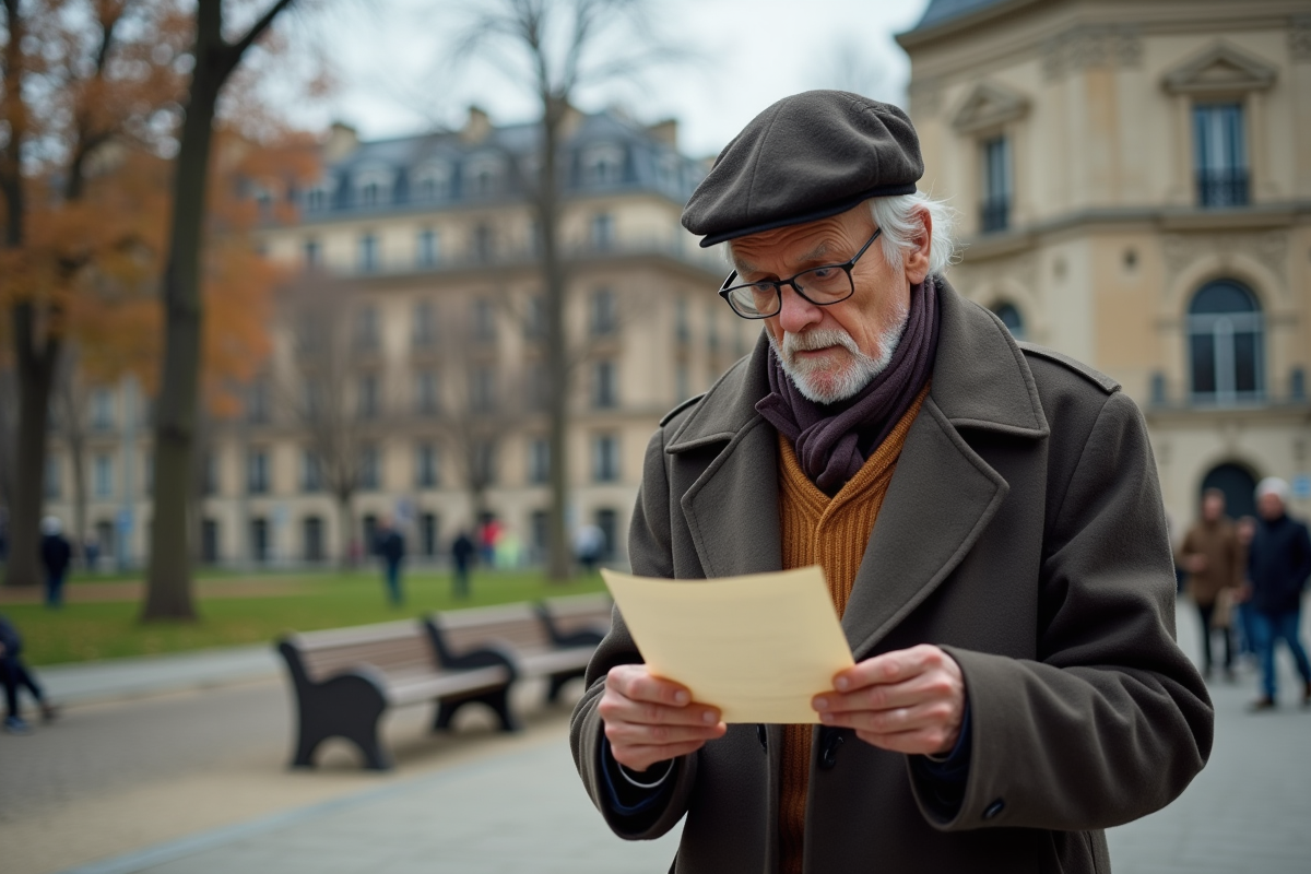 Homme retraité lisant une lettre dans un parc parisien