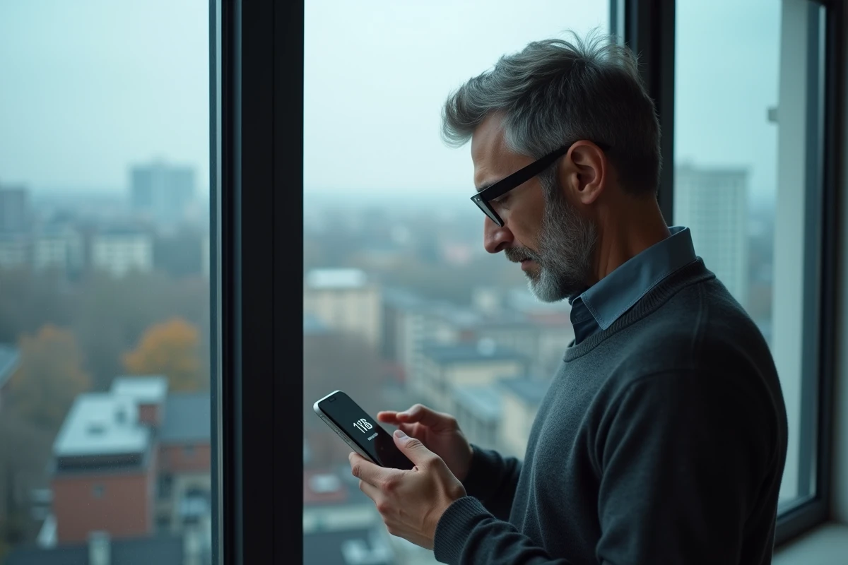 Homme observant l'heure 18h18 sur son smartphone devant une fenêtre avec vue urbaine, symbolisant la signification numérologique de l'heure miroir
