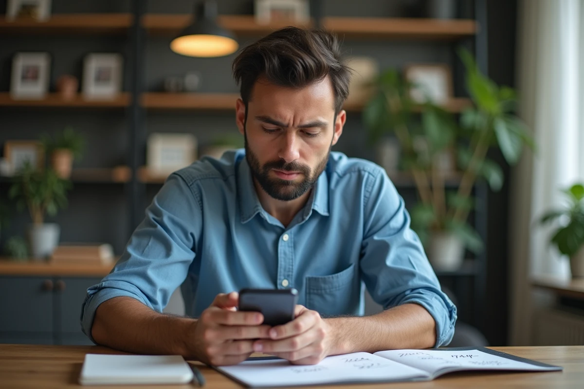 Homme concentré utilisant son smartphone dans un bureau moderne