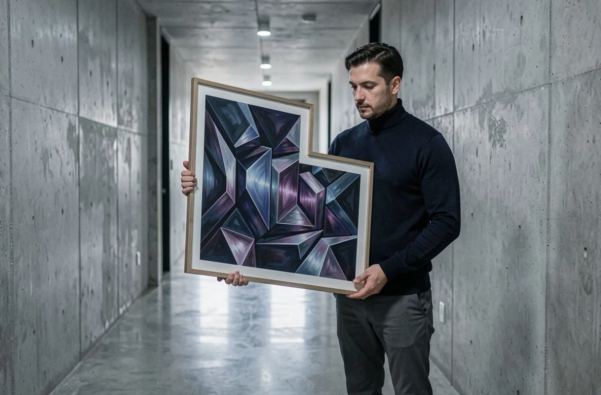 Homme tenant un tableau futuriste géométrique dans un couloir en béton minimaliste