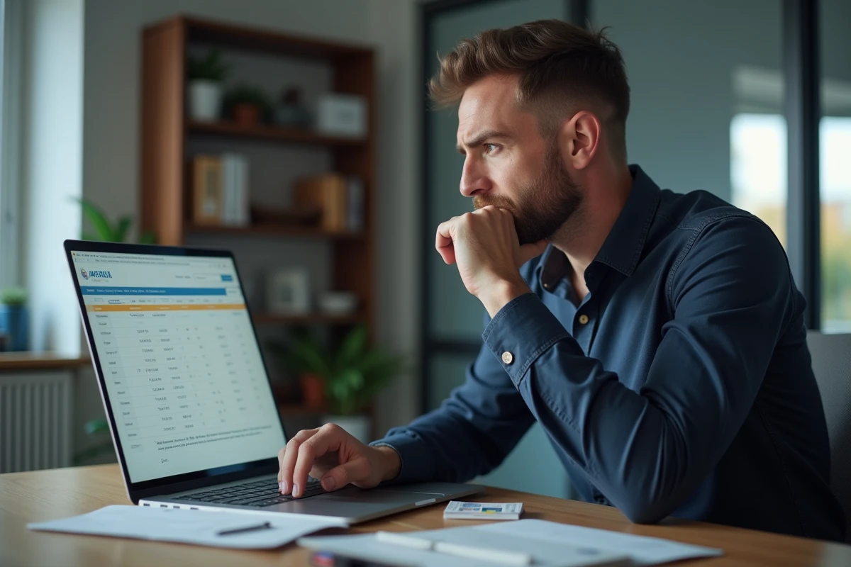 Homme consultant les tarifs postaux en ligne avec des enveloppes et un carnet de timbres sur son bureau