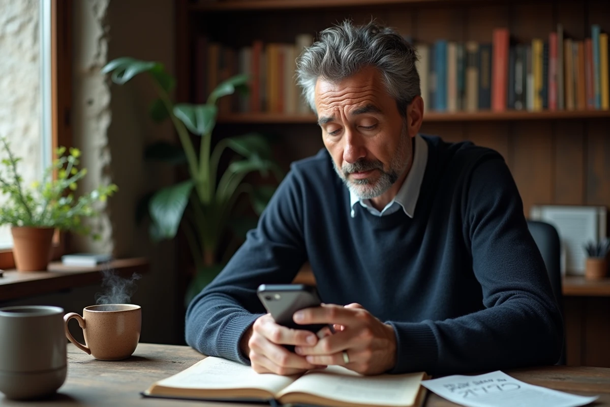 Homme méditatif regardant l'heure 1441 sur son téléphone avec un journal de synchronicités ouvert sur un bureau en bois