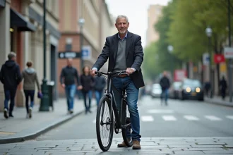 Homme d'âge moyen avec vélo dans une ville animée