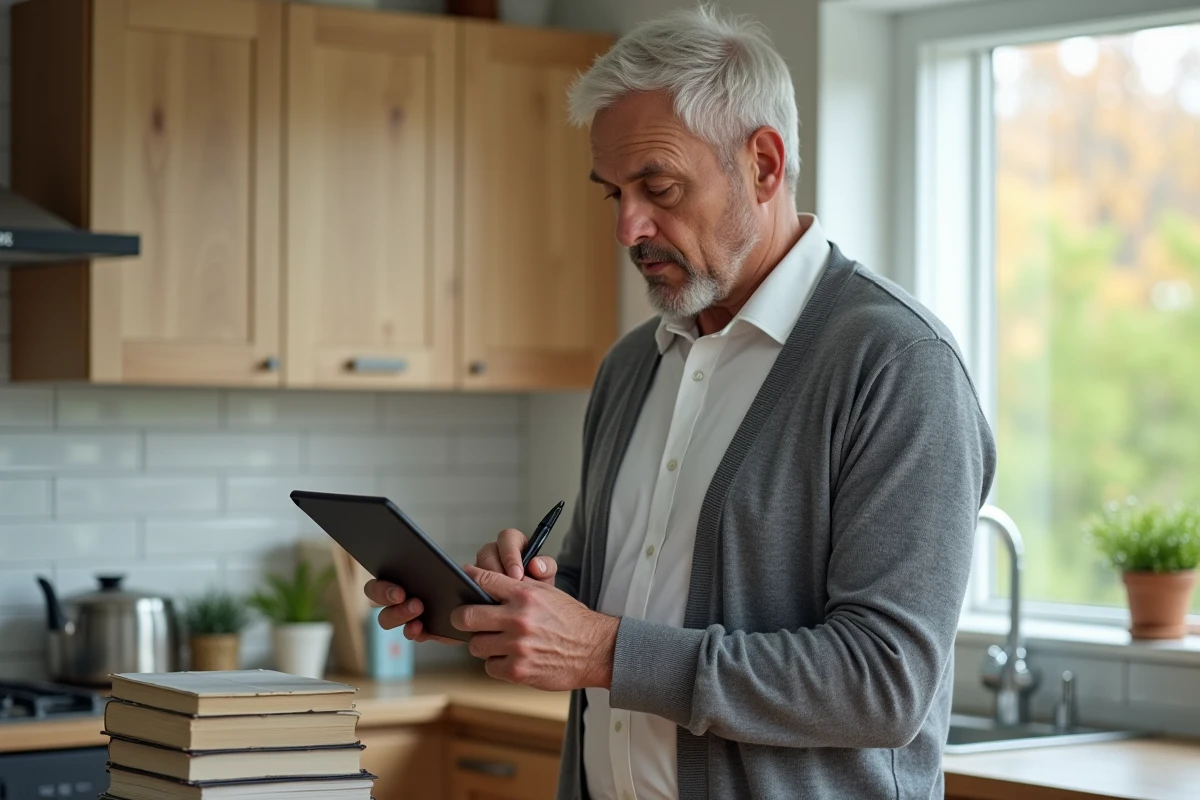 Homme vérifiant ses identifiants CGOS sur une tablette depuis son domicile avant la première connexion