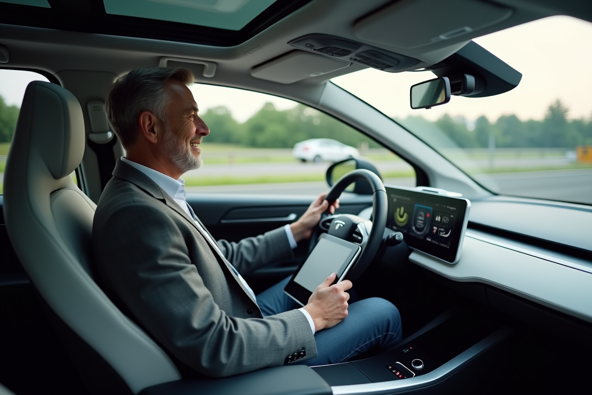 Homme souriant dans voiture autonome avec tablette