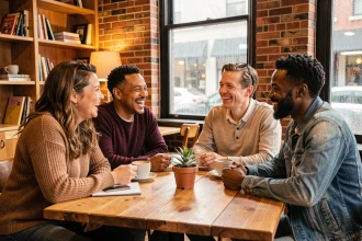 Groupe d'amis de cultures différentes riant ensemble autour d'une table de café, illustrant un échange humoristique inclusif et bienveillant