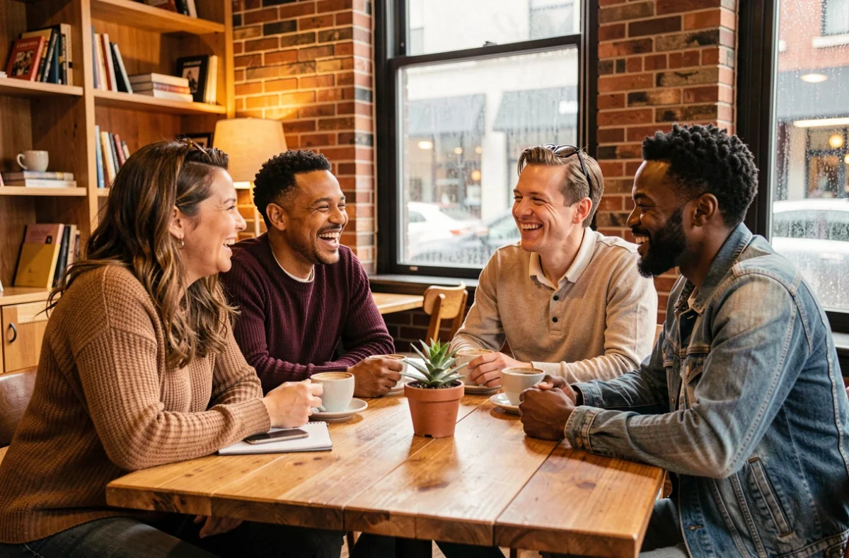 Groupe d'amis de cultures différentes riant ensemble autour d'une table de café, illustrant un échange humoristique inclusif et bienveillant