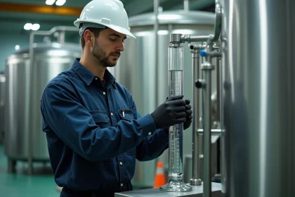 Ingénieur industriel mesurant des volumes de liquide avec un cylindre gradué dans une usine de production