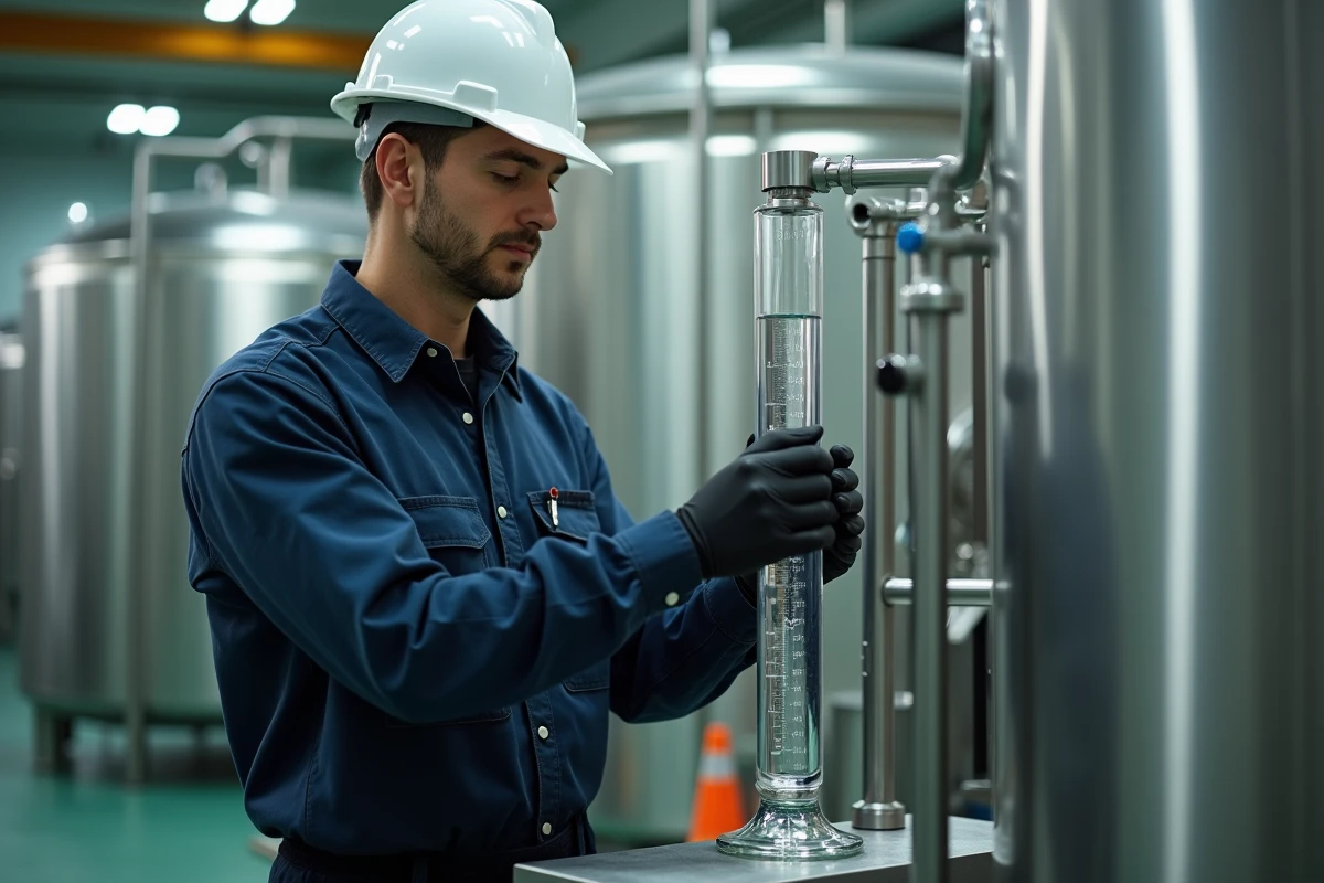 Ingénieur industriel mesurant des volumes de liquide avec un cylindre gradué dans une usine de production