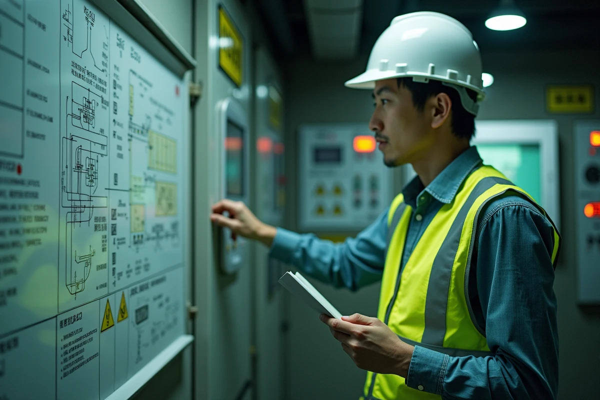 Ingénieur en sûreté nucléaire examinant des schémas techniques dans une salle de contrôle au Japon après le séisme de Tohoku 2026
