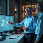 Deux ingénieurs discutent devant un schéma AR en bureau professionnel