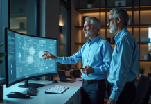 Deux ingénieurs discutent devant un schéma AR en bureau professionnel