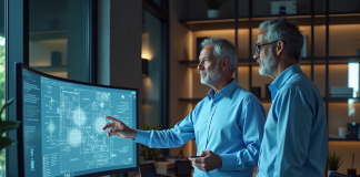 Tom Caudell et David Mizell : qui sont-ils et quelles sont leurs réalisations ? Deux ingénieurs discutent devant un schéma AR en bureau professionnel