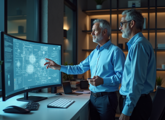 Tom Caudell et David Mizell : qui sont-ils et quelles sont leurs réalisations ? Deux ingénieurs discutent devant un schéma AR en bureau professionnel