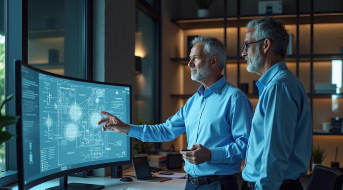 Deux ingénieurs discutent devant un schéma AR en bureau professionnel