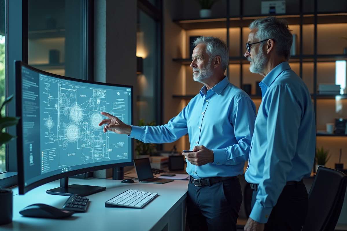 Deux ingénieurs discutent devant un schéma AR en bureau professionnel
