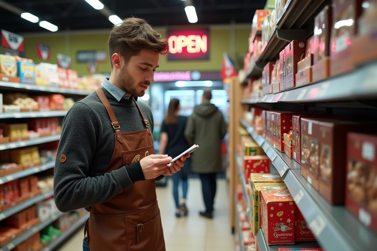 Jeune employe arrangeant chocolats dans le magasin