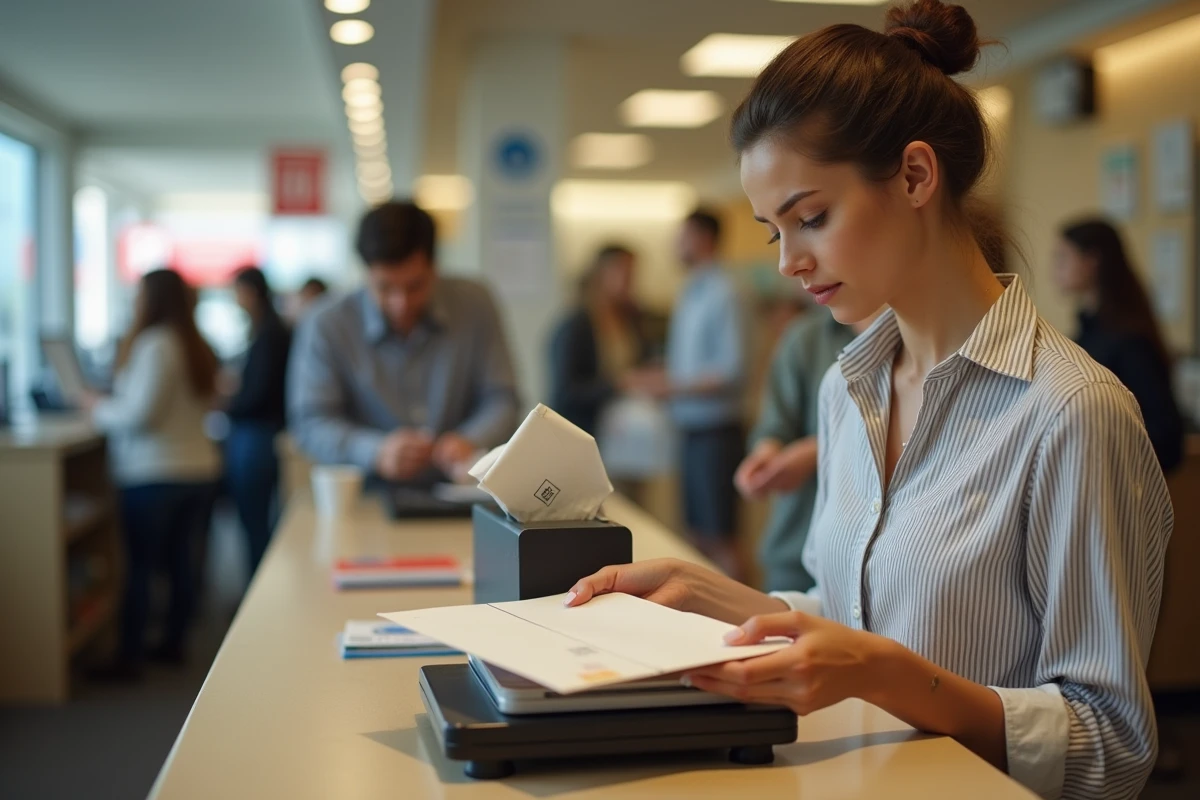 Jeune femme pesant une enveloppe sur la balance d'un bureau de poste devant un distributeur de timbres