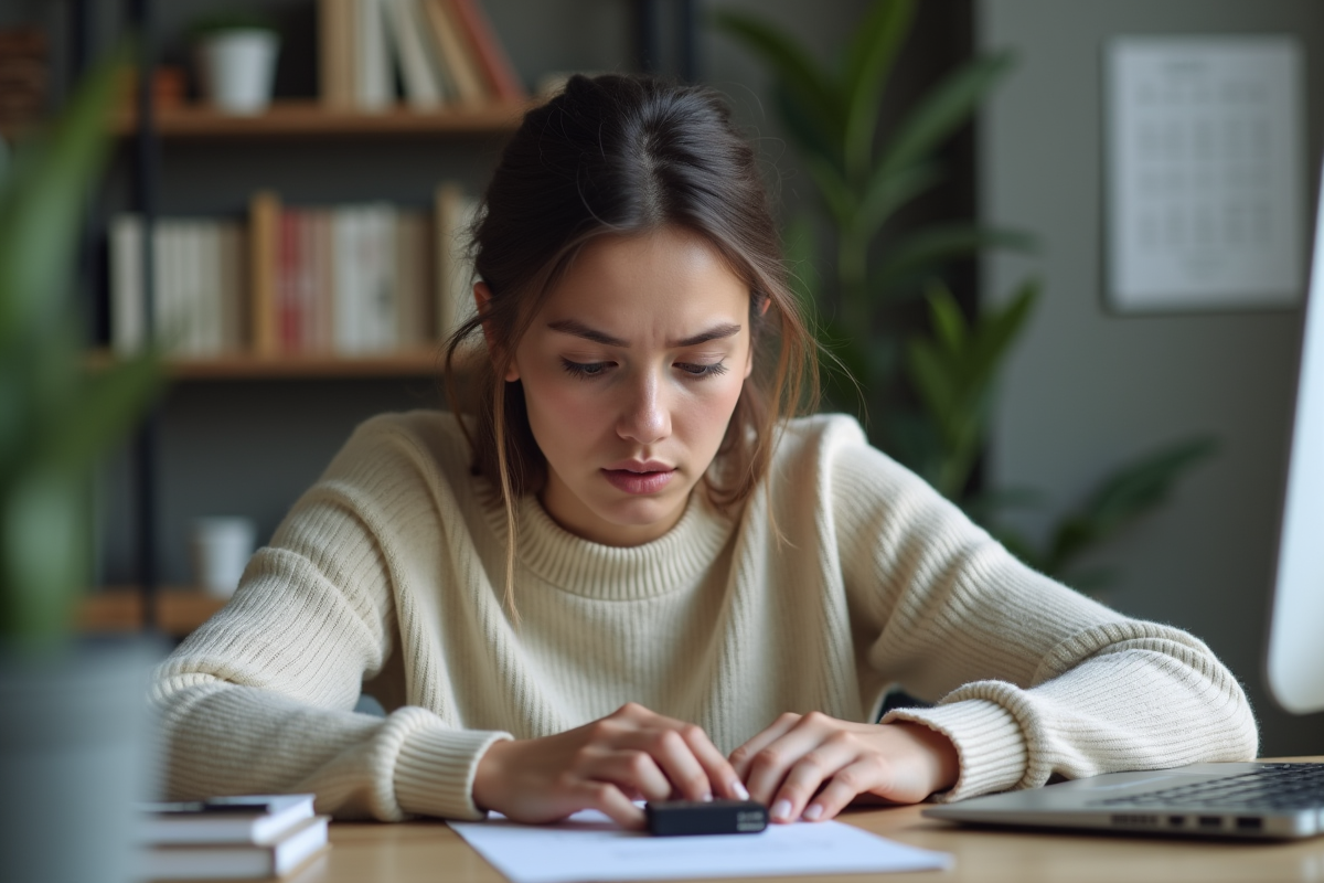 Jeune femme cherchant des clés USB sur un bureau domestique