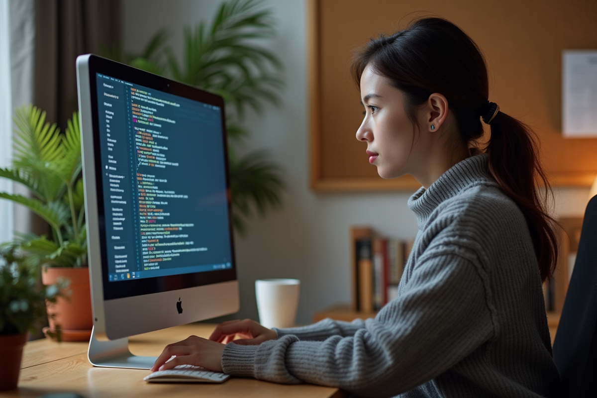 Jeune femme en travail sur ordinateur dans un espace cosy