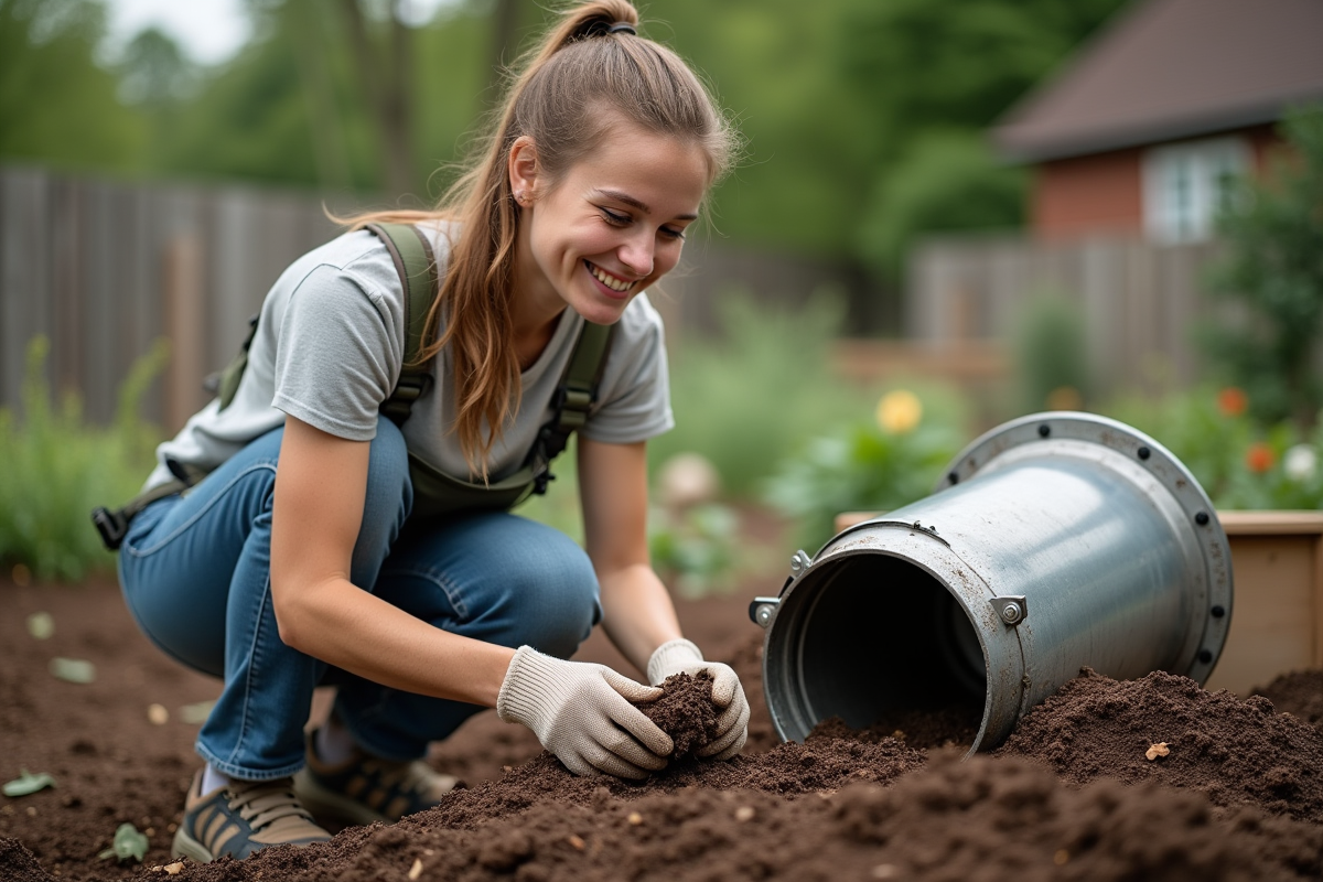Jeune femme manipulant du compost dans un jardin communautaire