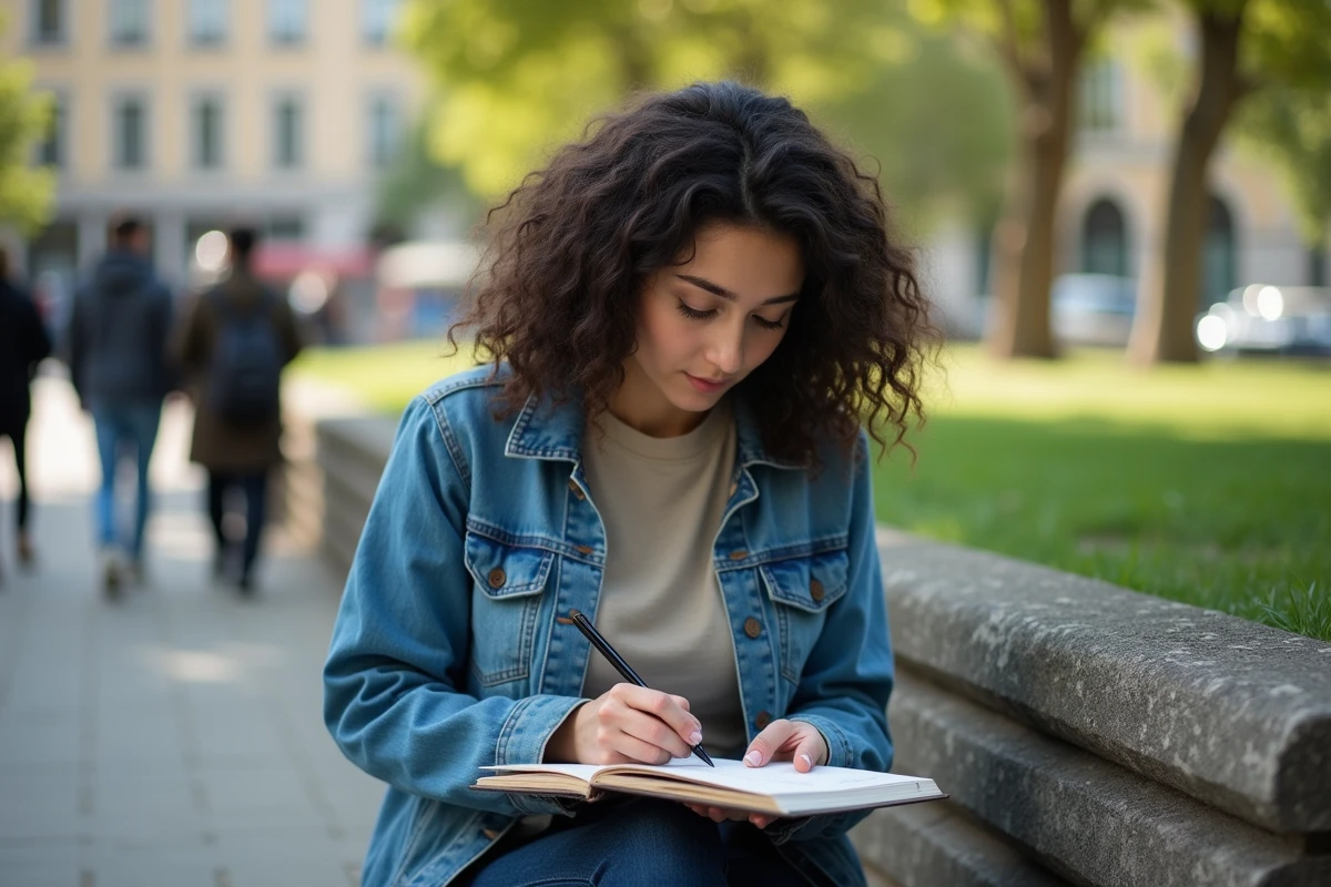 Jeune femme dessinant dans un parc urbain avec nature et bâtiments