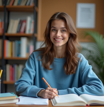 Jeune femme concentrée à étudier dans une salle moderne
