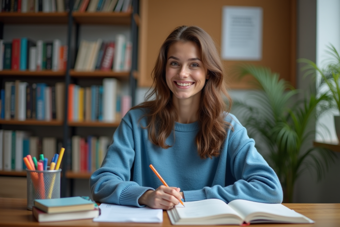 jeune-femme-etude-desk Jeune femme concentrée à étudier dans une salle moderne