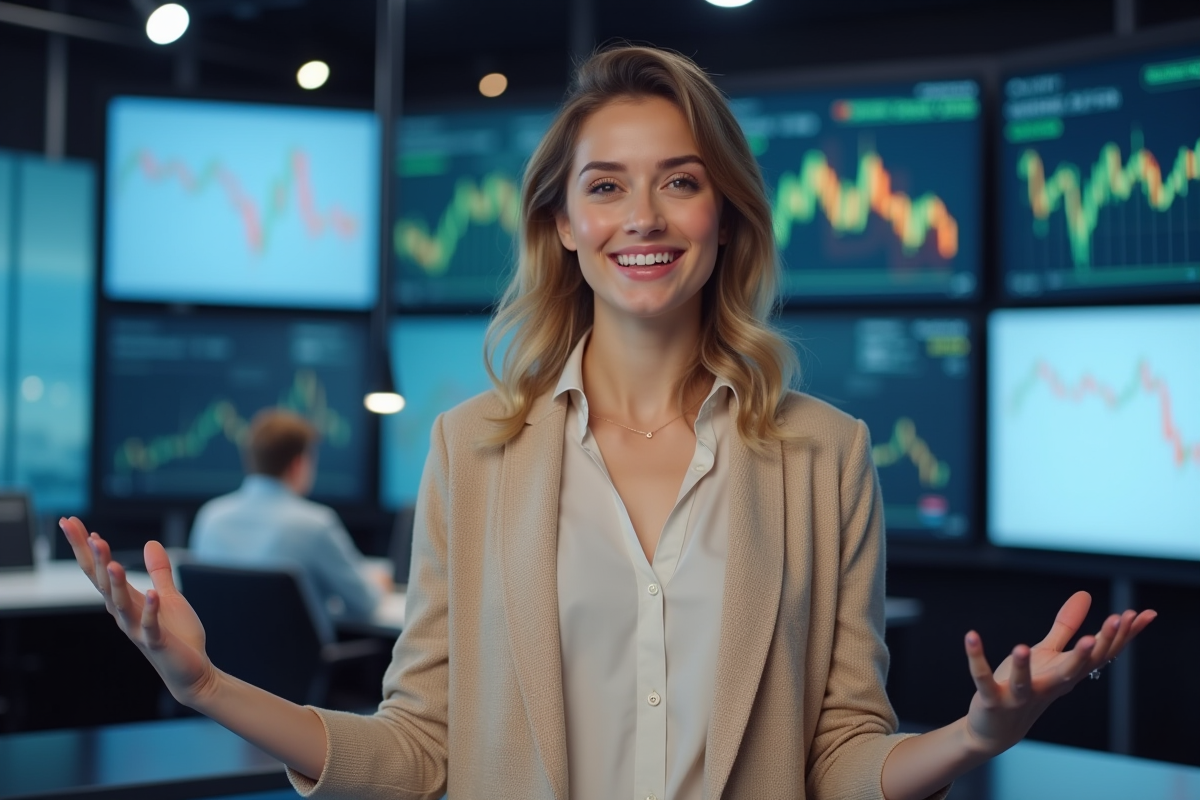 Jeune femme en newsroom expliquant des indicateurs économiques