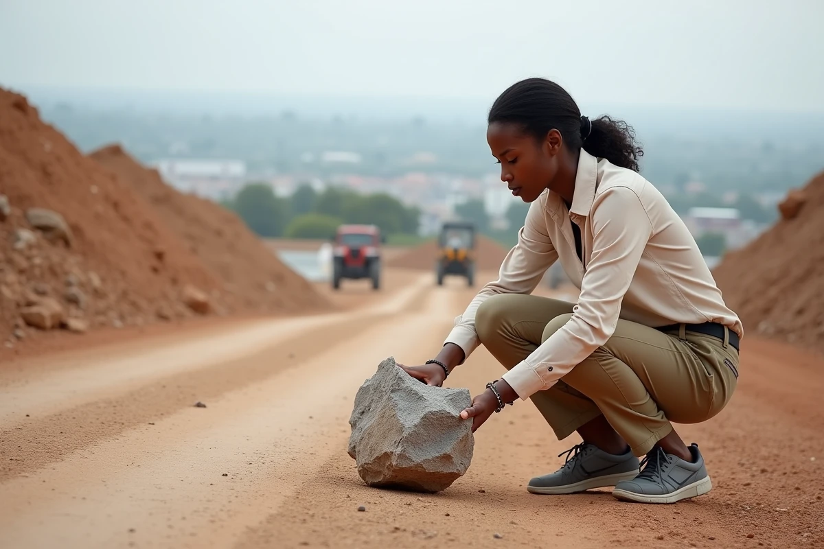 Jeune femme géomètre examinant un granite à Bouaké