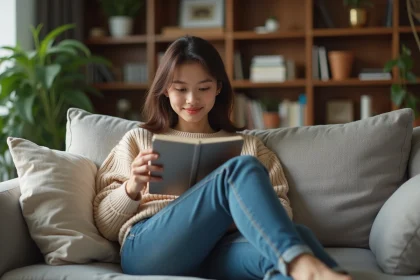 Jeune femme lisant manga sur tablette dans un salon cosy