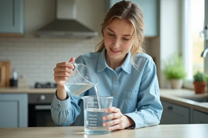 Jeune femme verse de l'eau dans un bécher en cuisine