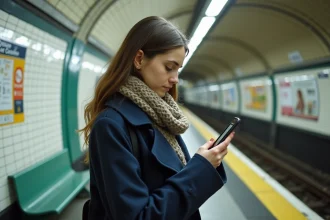 Jeune femme dans le métro de Paris avec trench et smartphone