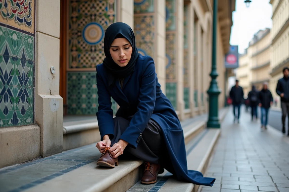 Jeune femme en hijab attachant ses chaussures devant une mosquee